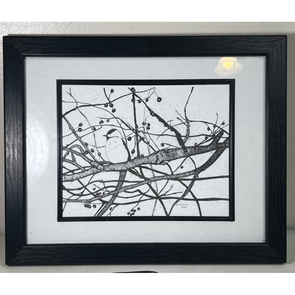 Framed Art Print Bird Black and White Tree Branches & Berries Sketch
